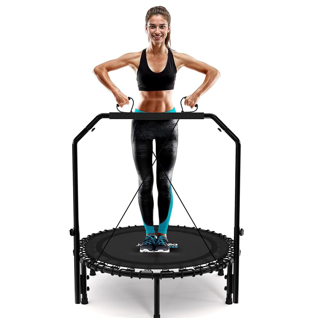 Woman using AlephNeta ReboundAir compact trampoline for home fitness and core strengthening exercises.