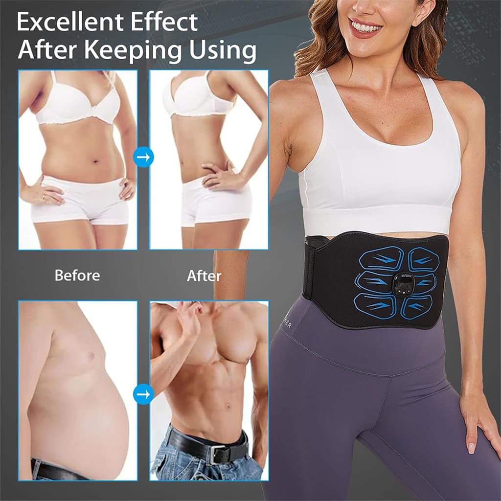 AlephNeta CorePulse showing before and after results of abdominal workouts with a wireless muscle trainer.