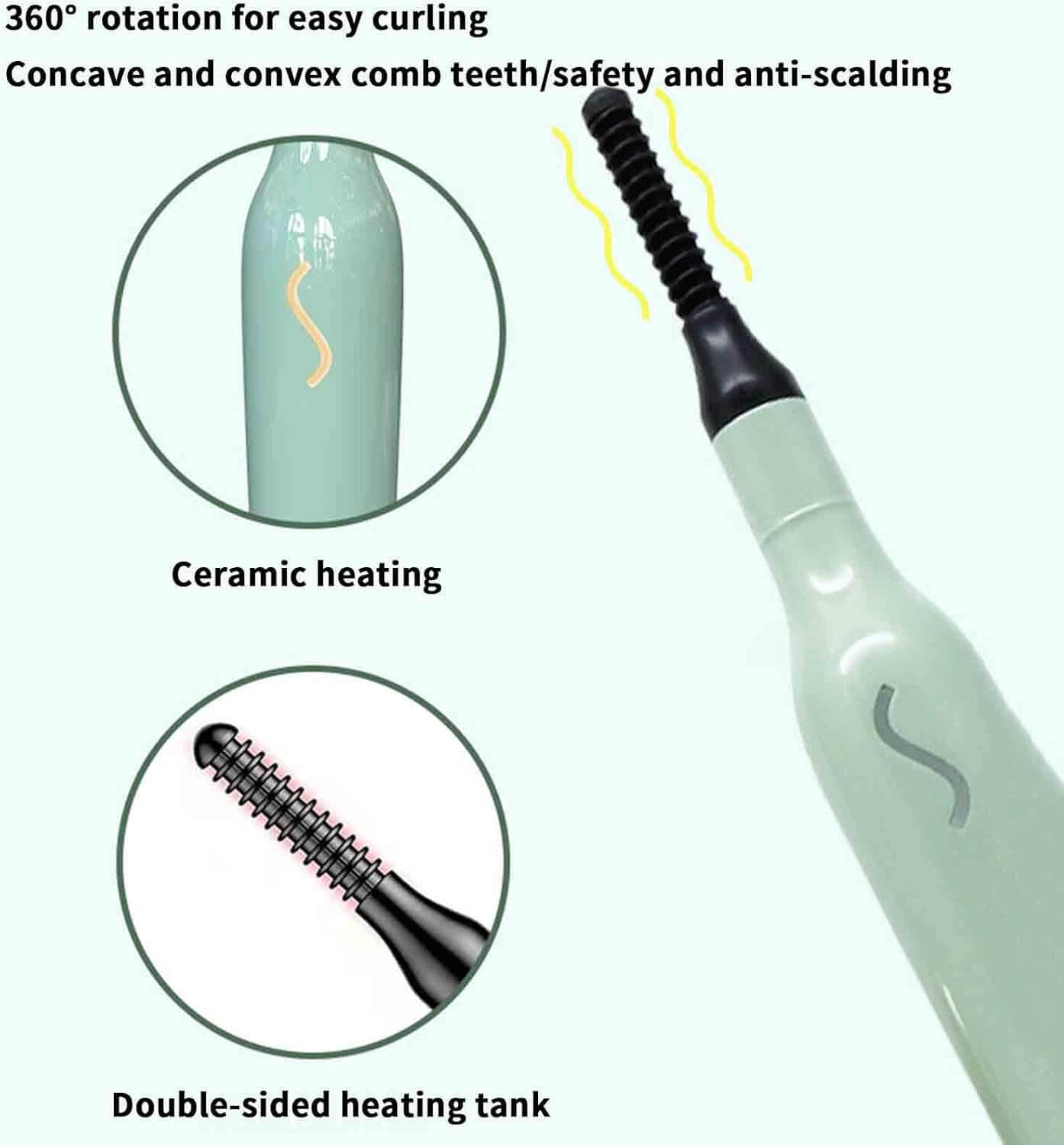 AlephNeta – מעגל ריסים חשמלי נטען עם בקרת טמפרטורה features ceramic heating and 360° rotation for easy curling.