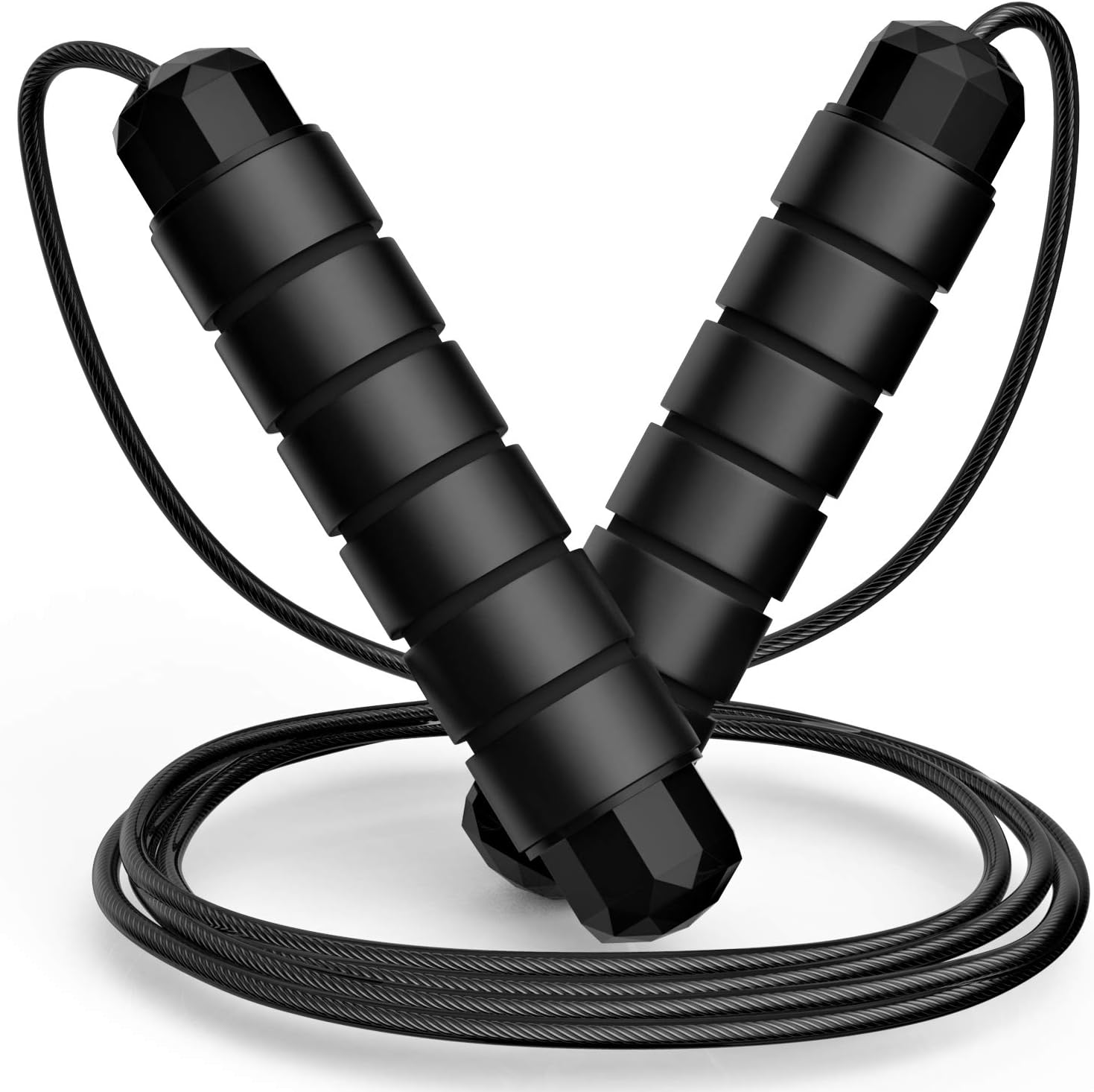 Alephneta AeroRope™ black jump rope with ergonomic handles for cardio and HIIT training.