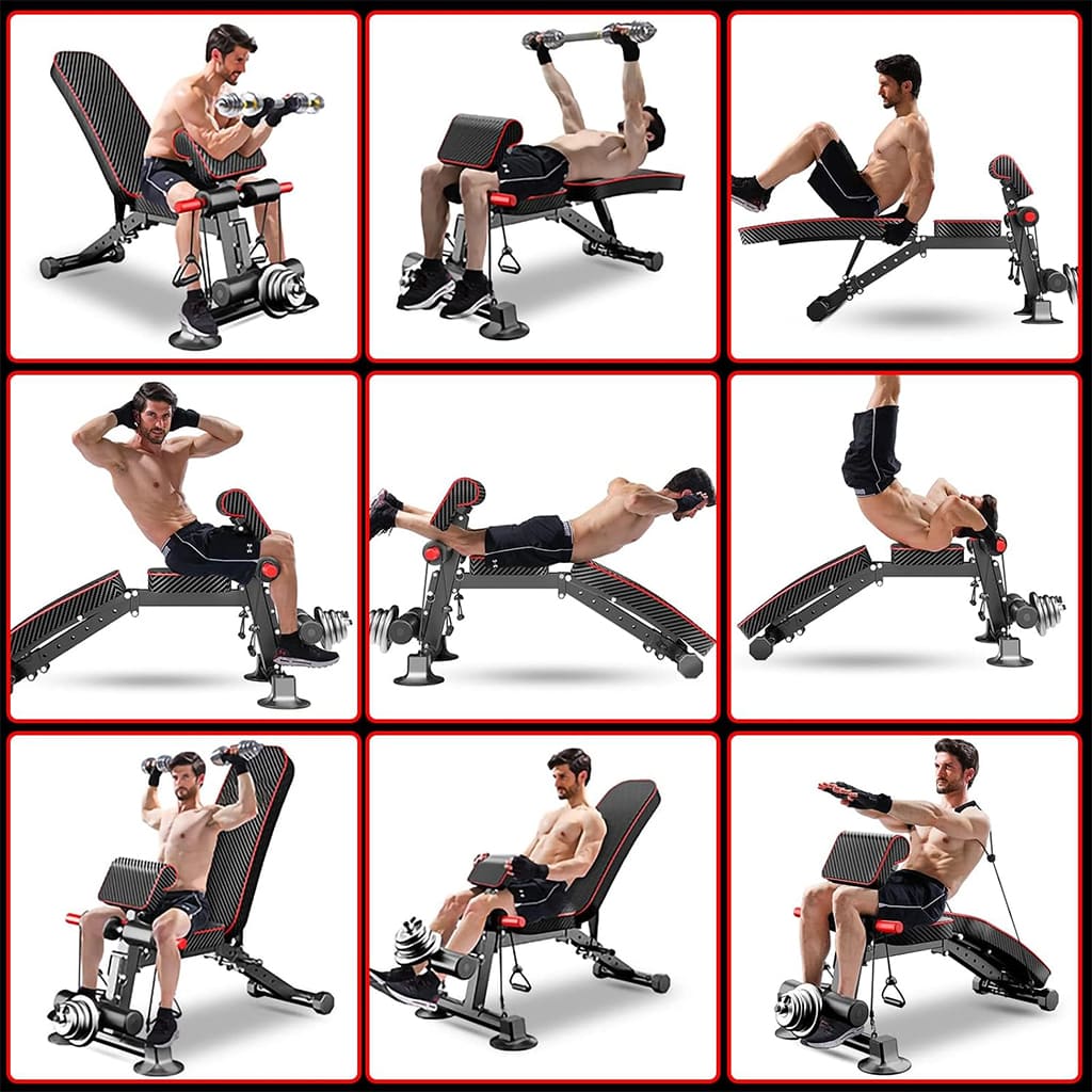 AlephNeta CoreFlex adjustable bench for strength and flexibility training with various exercise positions.