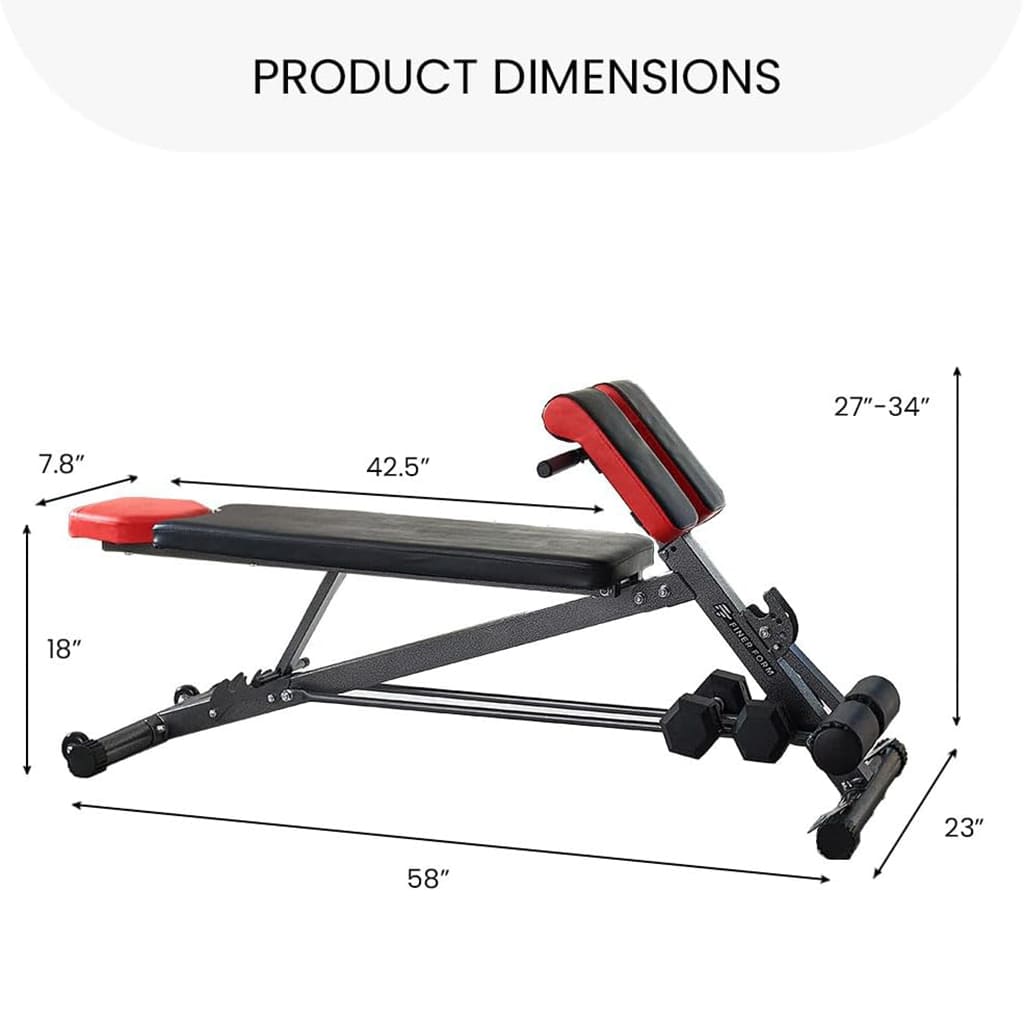 AlephNeta CoreFlex Bench product dimensions showing adjustable and compact design for versatile workouts.