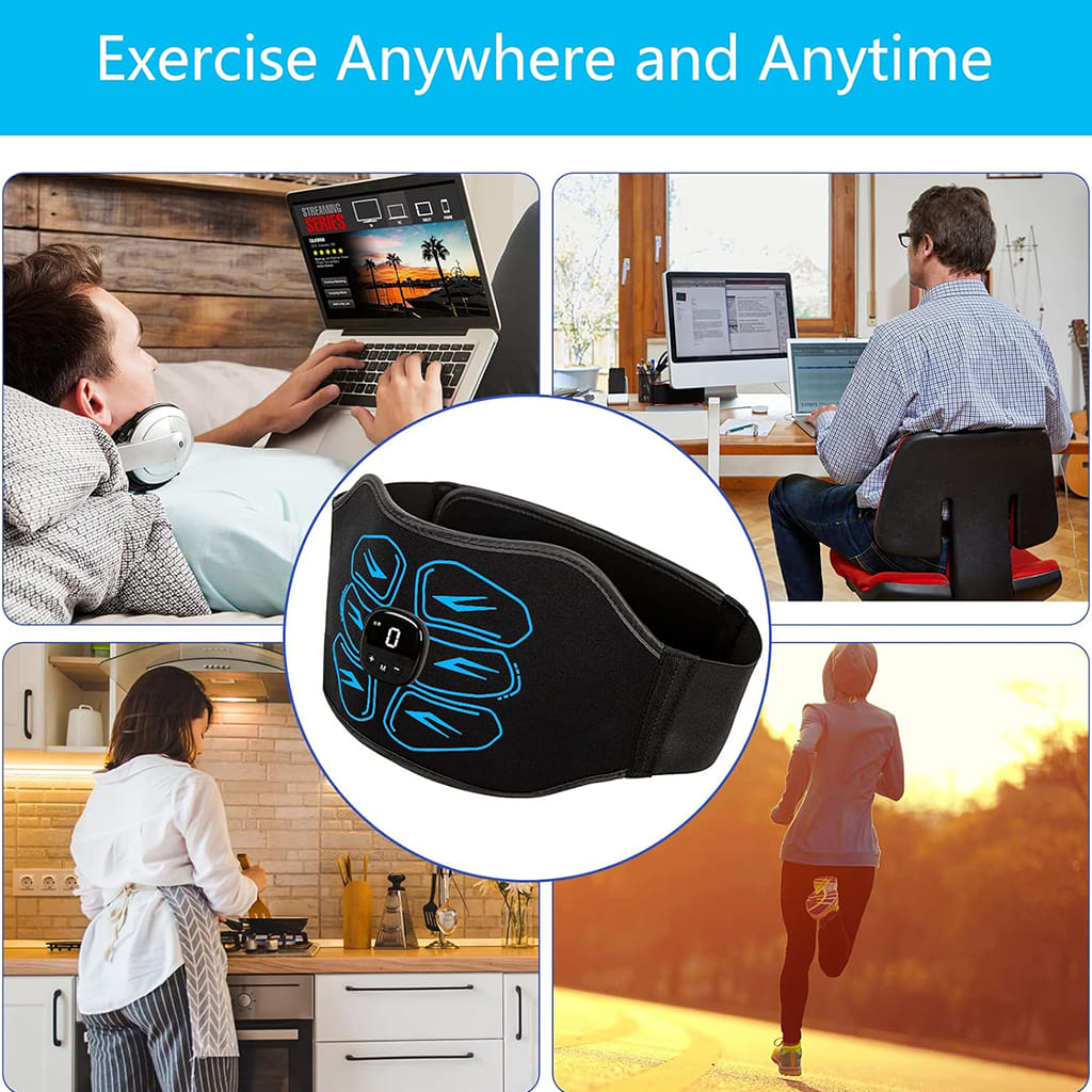 AlephNeta CorePulse wireless trainer shown in use while working, cooking, and running, emphasizing exercise anywhere.