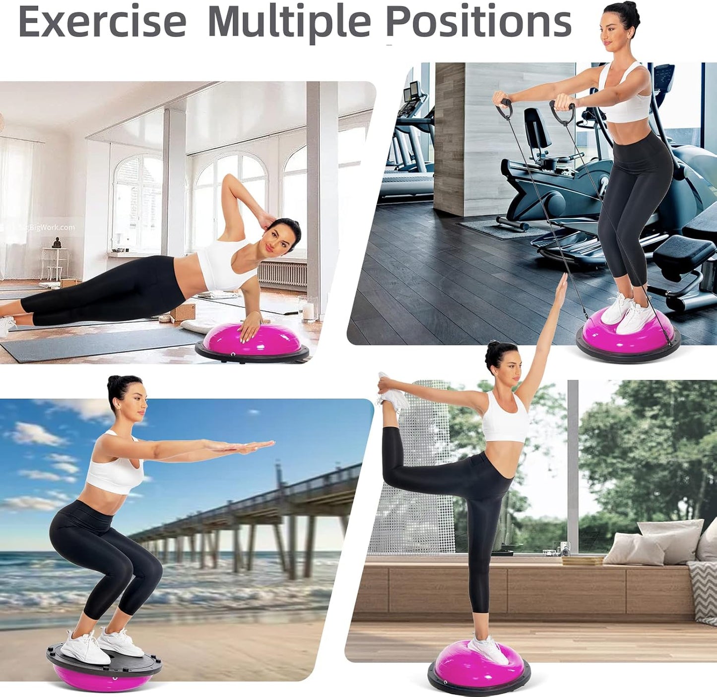 Woman using Alephneta CoreSphere™ for dynamic exercises in various positions that enhance balance and strength.