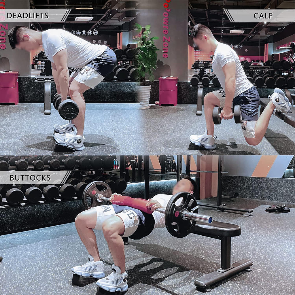 User performing deadlifts, calf raises, and buttock exercises with weights for strength training.