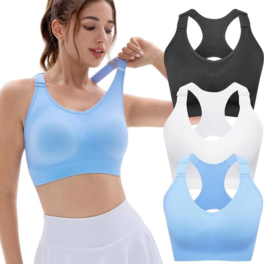 AlephNeta FlexForm sports bras in blue, black, and white on model demonstrating flexibility and comfort.