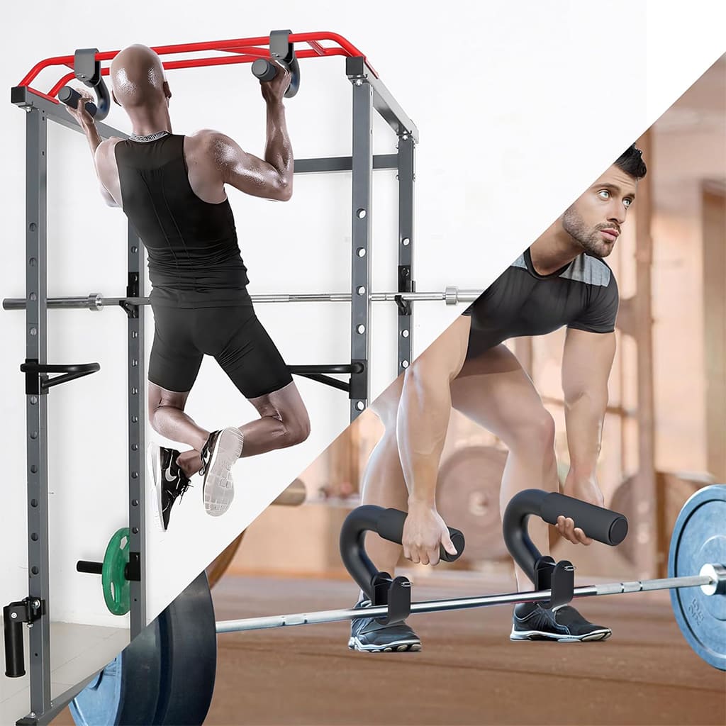 Men using AlephNeta GripForge for pull-ups and weightlifting in a gym setting.