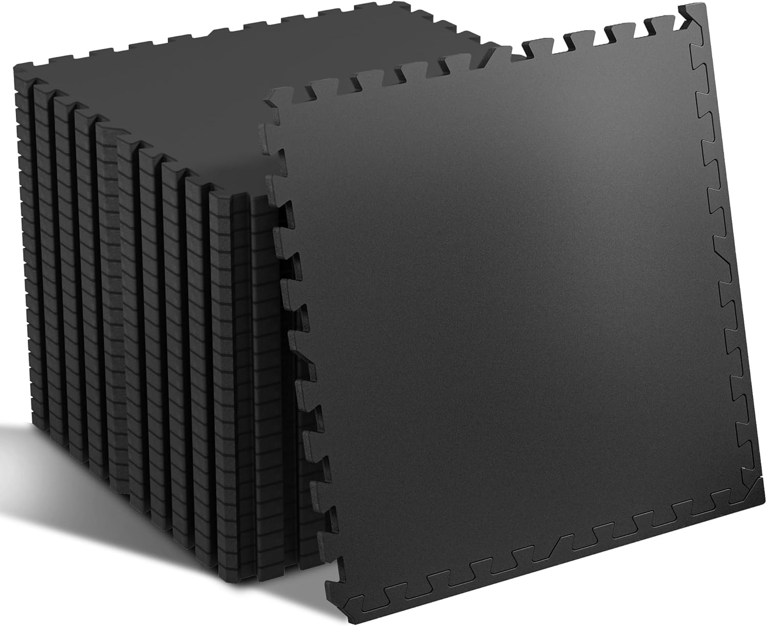 Alephneta GroundGuard™ foam tiles stacked, designed for safe and cushioned workout spaces, ideal for home gyms.