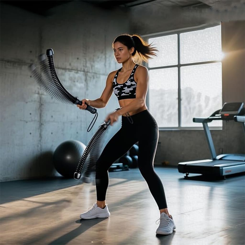 A person using AlephNeta PowerWhip Duo for resistance training in a modern gym setting.