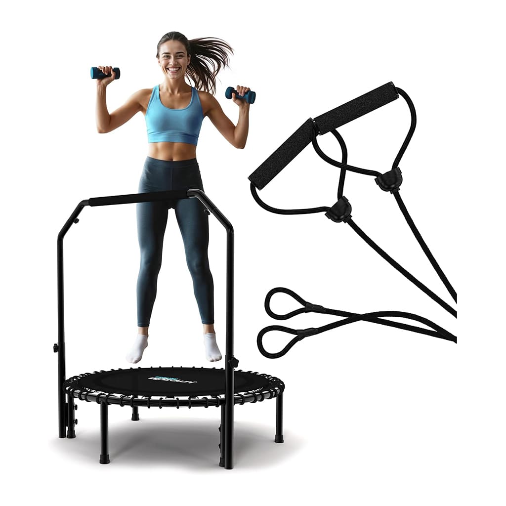 A woman exercising on the AlephNeta ReboundAir trampoline with handles, showcasing a home fitness routine.