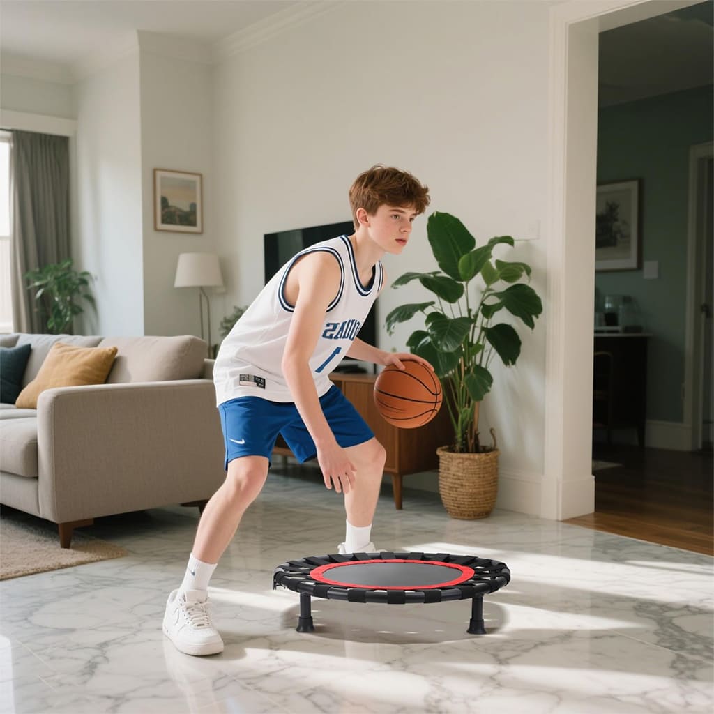 A young athlete practicing basketball drills on an AlephNeta ReboundPro trampoline in a modern living room.