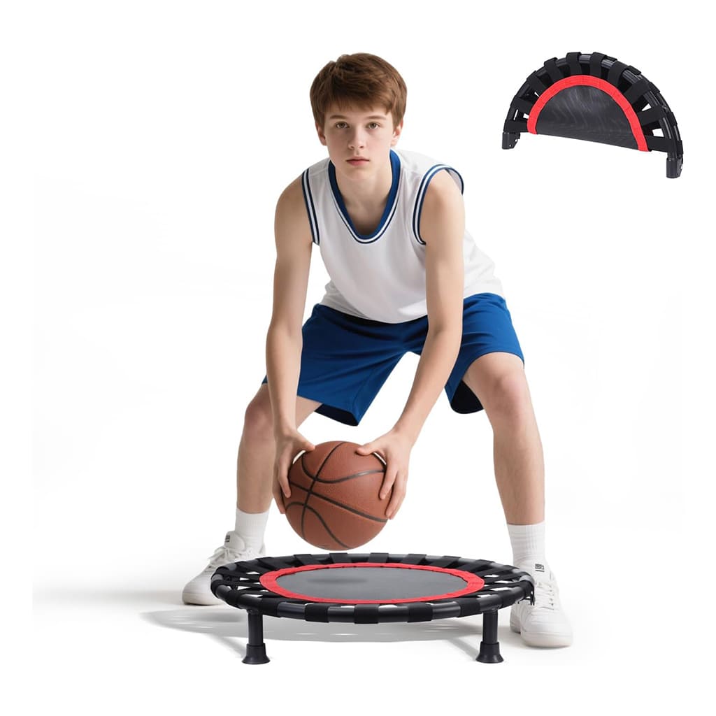 AlephNeta ReboundPro compact trampoline for basketball training with a young athlete preparing to jump.