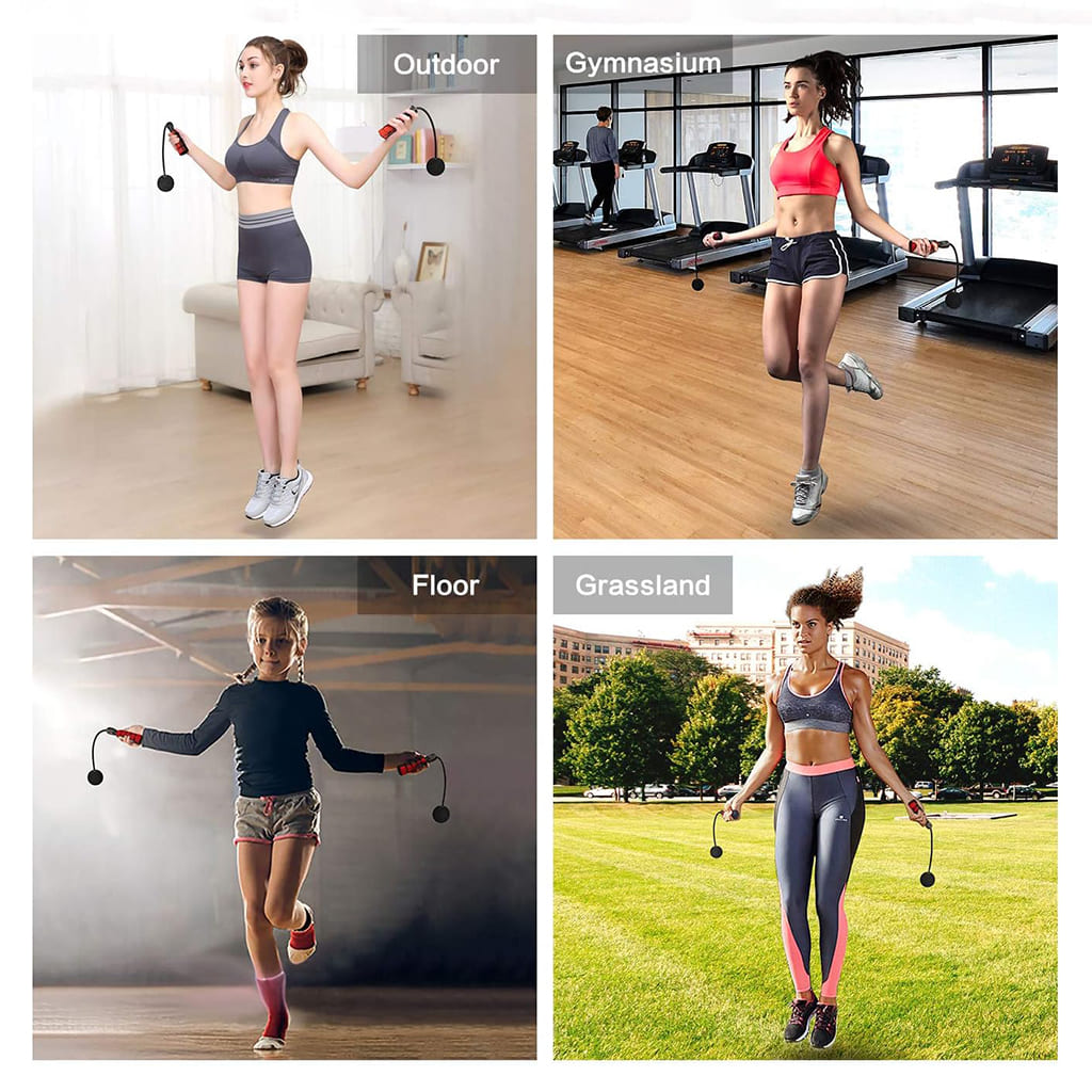 AlephNeta AeroSkip Mini used in various settings: outdoor, gym, floor, and grassland for versatile cardio workouts.