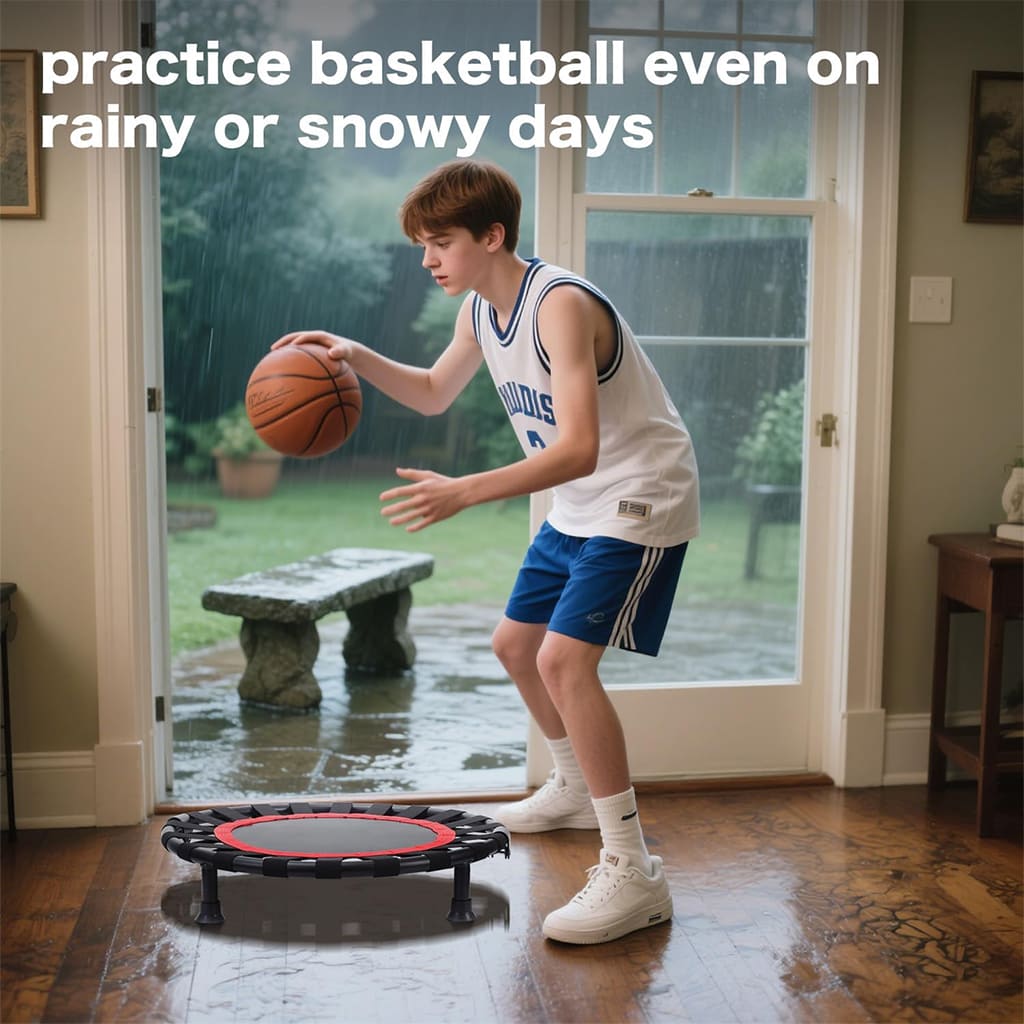 Teen practicing basketball indoors using AlephNeta ReboundPro trampoline during rainy weather.
