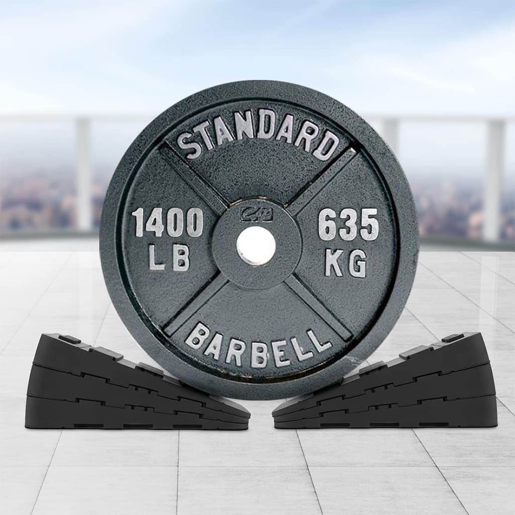Standard barbell weight plate 1400 LB 635 KG with black weight plate holders in gym setting